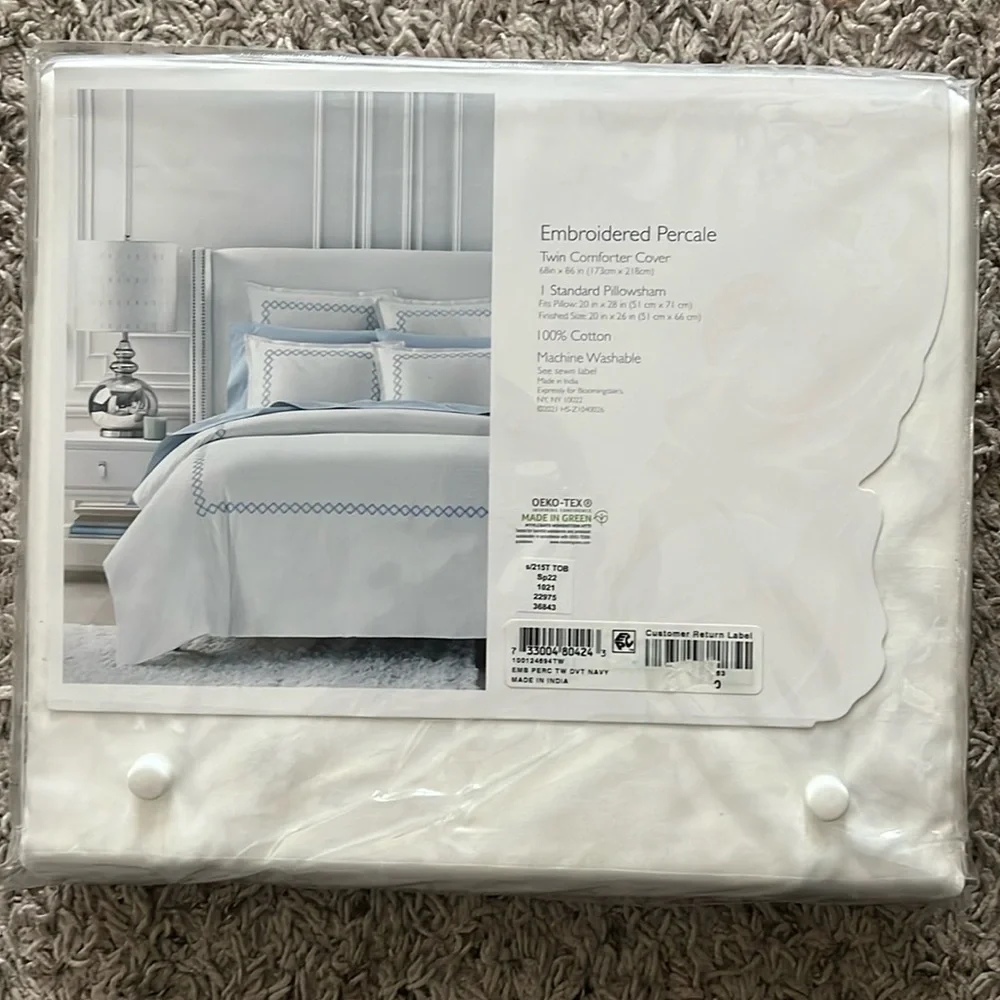 Sky NAVY Embroidered Percale Duvet Cover and Shams Set, Twin NEW w/Tag $230